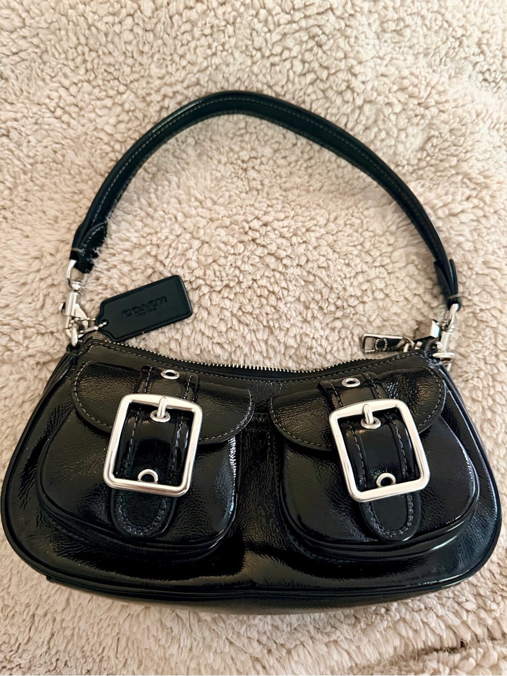 Coach Black Patent Leather Shoulder Bag with Silver Buckles